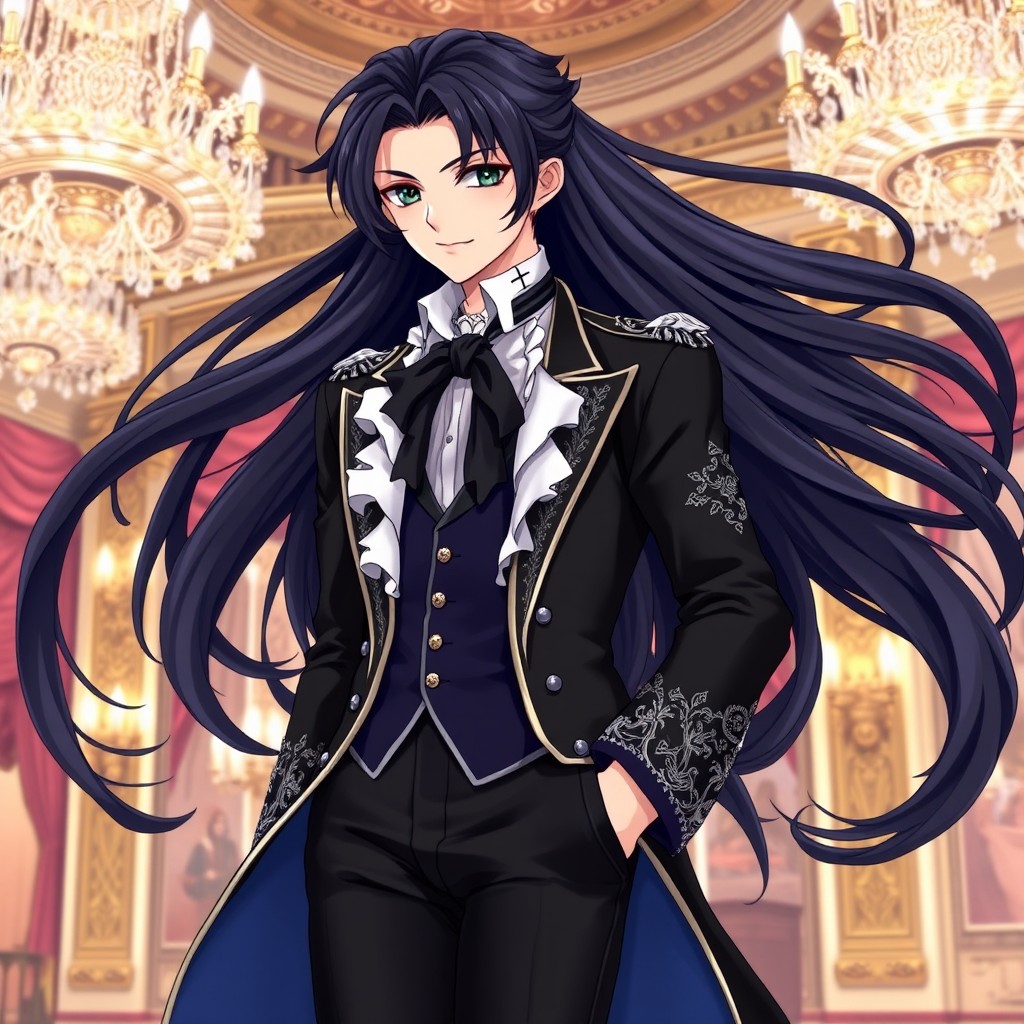 An elegant anime character with luxurious, flowing dark hair that cascades down their back, styled in an intricate manner to reflect 18th-century aristocracy