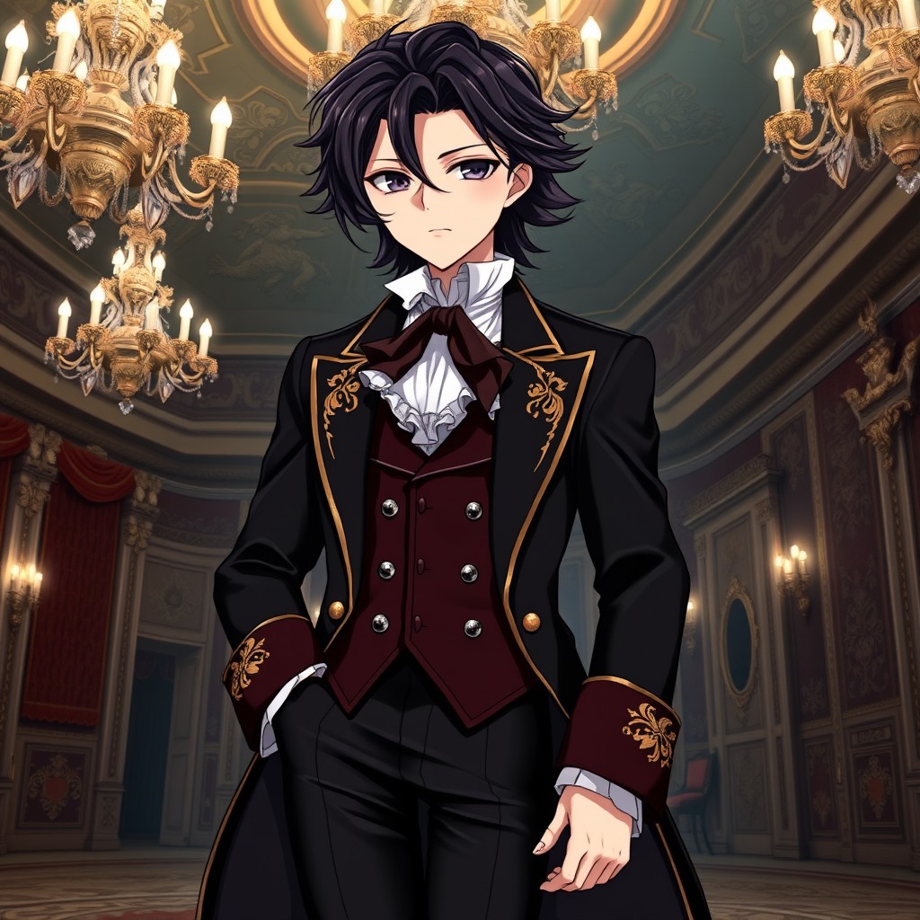 A captivating anime character with lush, dark hair styled in soft waves that elegantly frame their face, exuding the charm of an 18th-century aristocrat