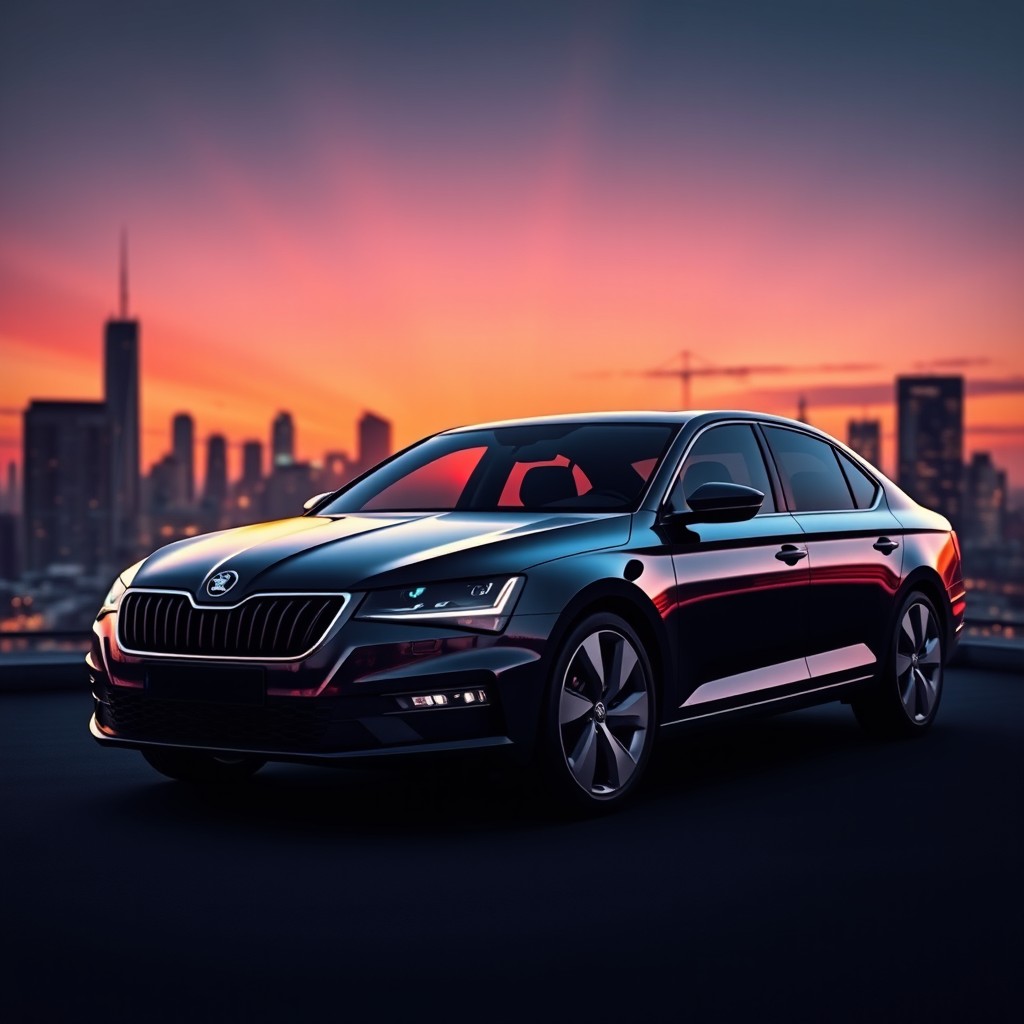 A sleek, modern silhouette of a Škoda Octavia, emphasizing its aerodynamic lines and elegant design