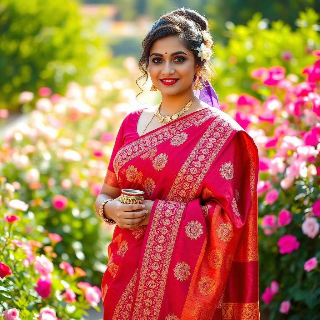 A vibrant and elegant Indian woman draped in a beautifully embroidered saree, showcasing intricate patterns and detailing