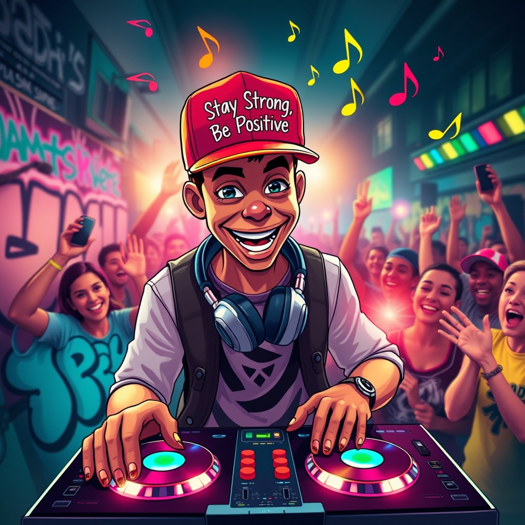A vibrant and energetic DJ in an urban setting, exuding strong hip hop vibes and positivity
