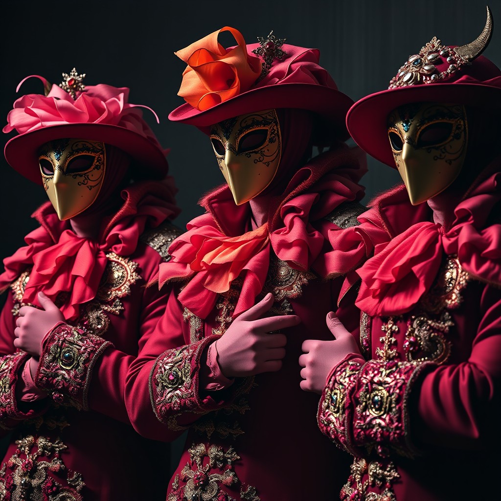 A group of male kidnappers dressed in extravagant Venetian carnival outfits, featuring lavish decorations, bright colors, and distinctive masks