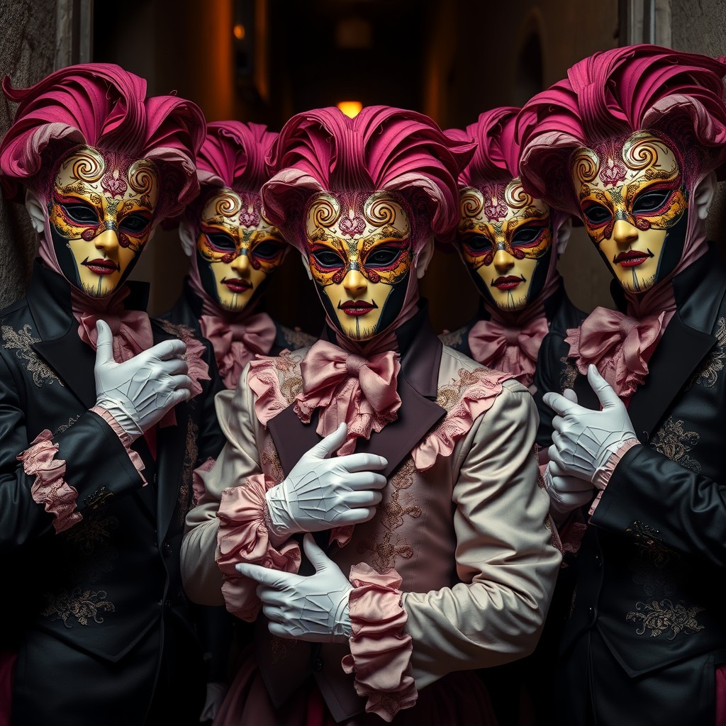 A group of male kidnappers clad in stunning Venetian carnival outfits, each adorned with intricate details like embroidery and ruffles