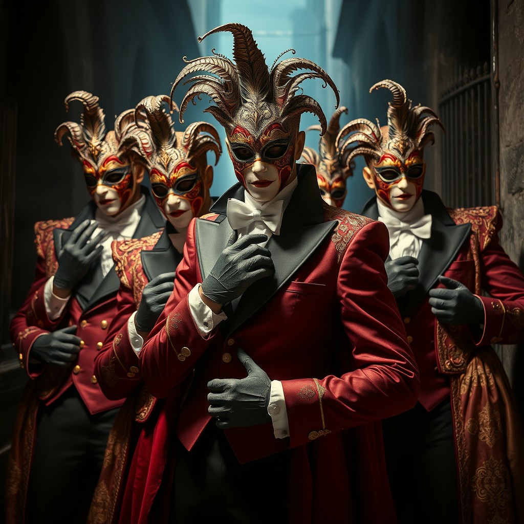 A group of male kidnappers elegantly dressed in extravagant Venetian carnival outfits, adorned with intricate designs, rich fabrics, and luxurious embellishments