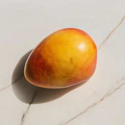 A ripe mango resting on a marble surface under diffused, natural light