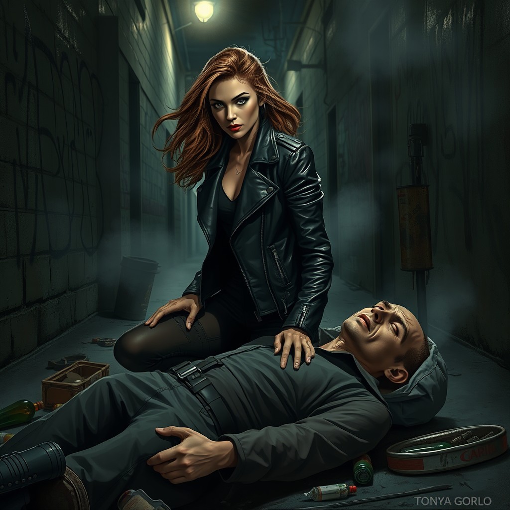A mysterious and intriguing scene depicting a character named Tonya Gorlo alongside a lifeless figure named Garik, who appears to be a former drug addict
