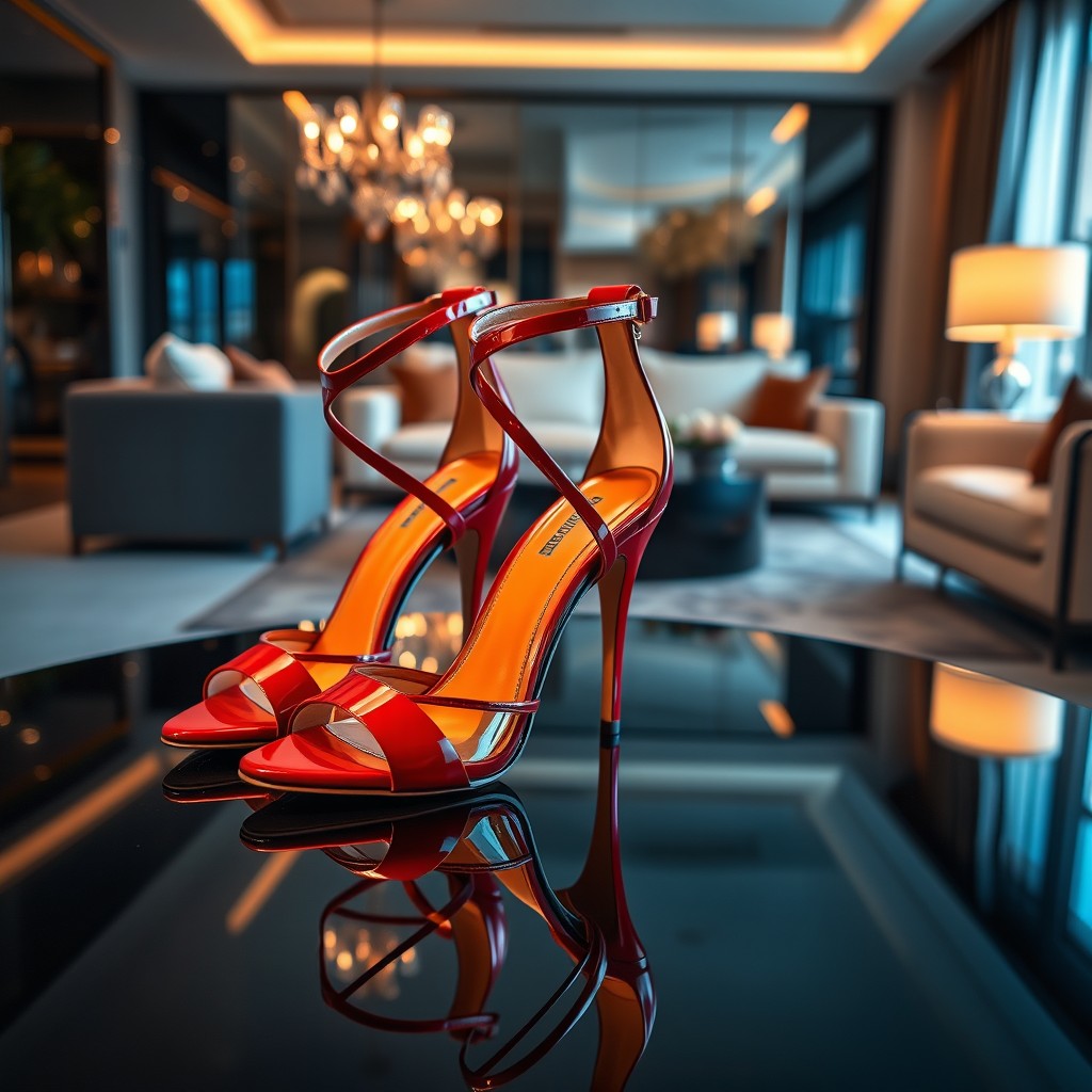 A stunning pair of high heels displayed elegantly on a glossy black surface, illuminated by soft, ambient lighting that accentuates their sleek design