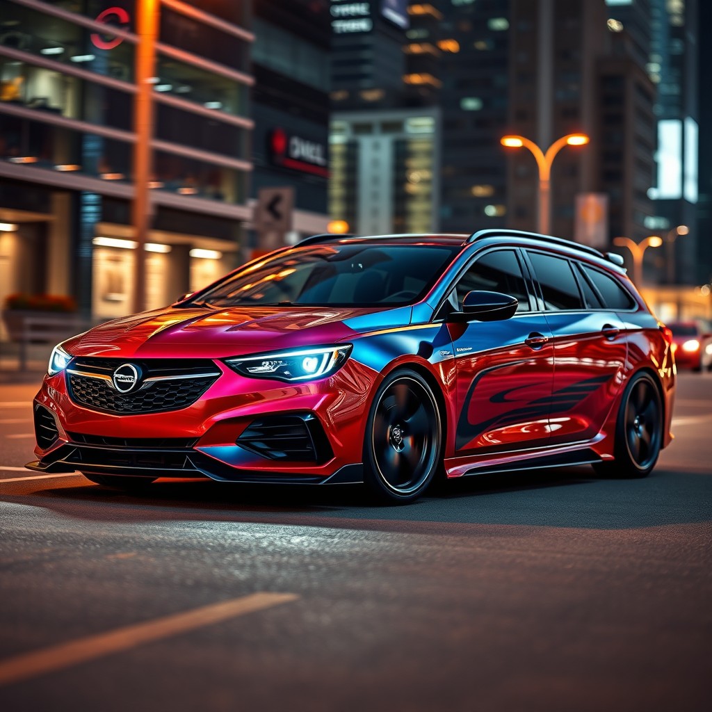 A modern sporty interpretation of the Opel Omega A caravan, showcasing sleek lines, dynamic angles, and an aerodynamic design