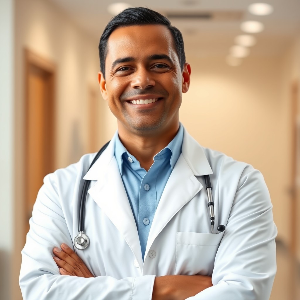 A professional portrait of a middle-aged Latino doctor, exuding health and confidence