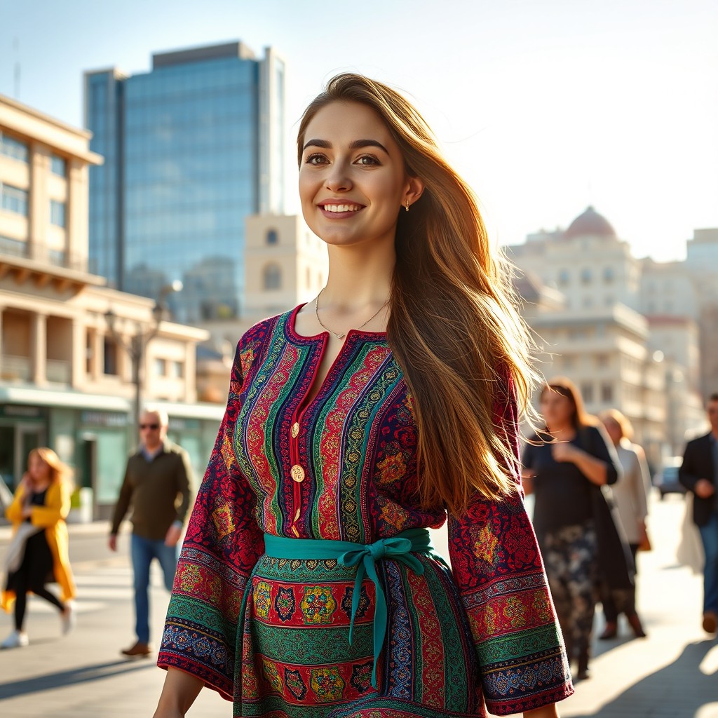 A young, confident woman from Baku walking gracefully along the vibrant streets of Baku, Azerbaijan
