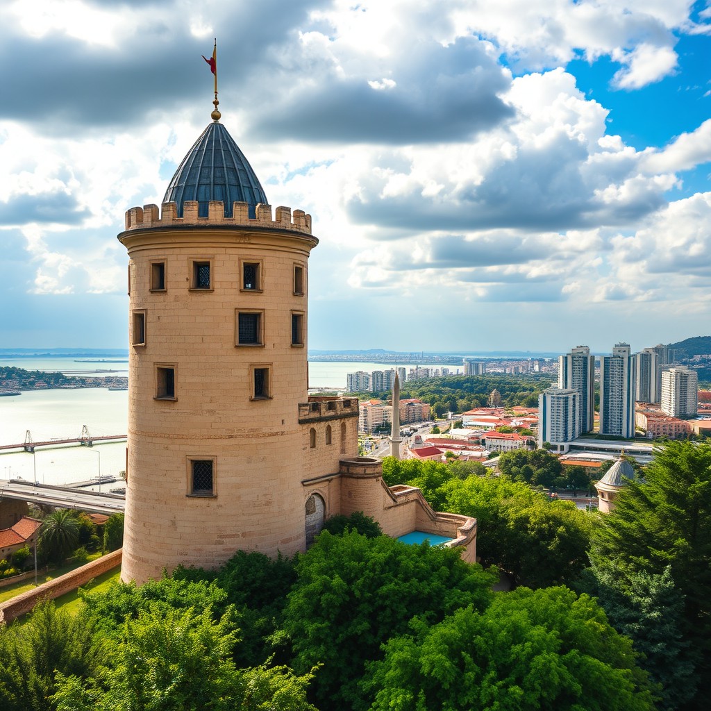 A stunning view of the Maiden Tower, an iconic historic structure located in Baku, Azerbaijan, with its ancient stone walls reflecting the sunlight