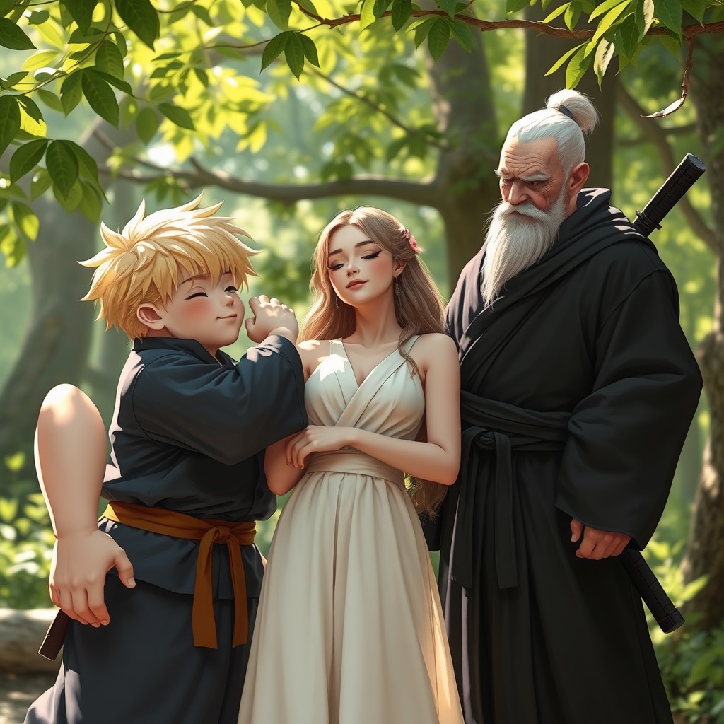 A tall, rotund yet muscular boy with pleated blonde hair gently squashes an attractive, statuesque woman to serene bliss against a wise, short, one-eyed elder ninja master