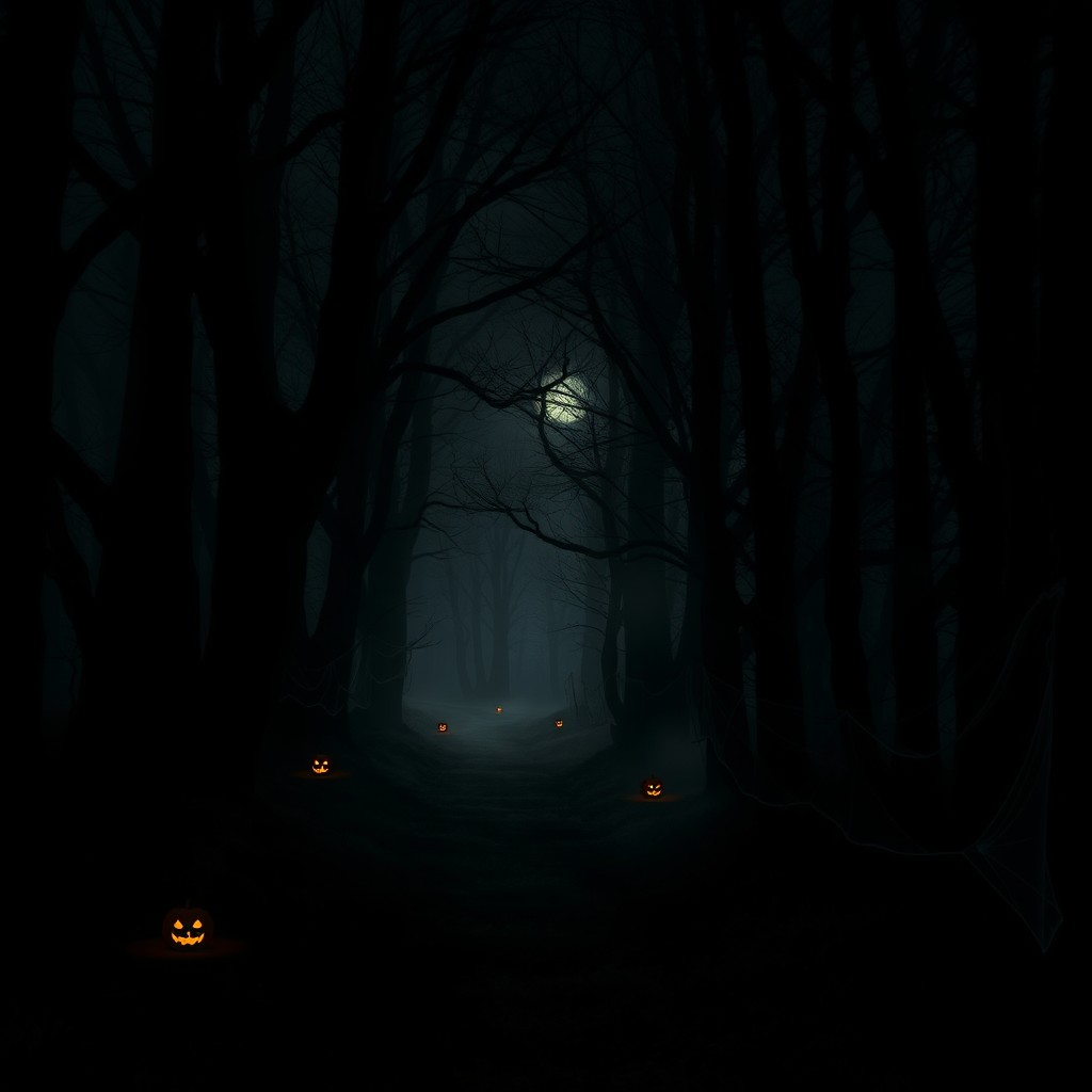 A spooky trail winding through a dark, eerie forest at night