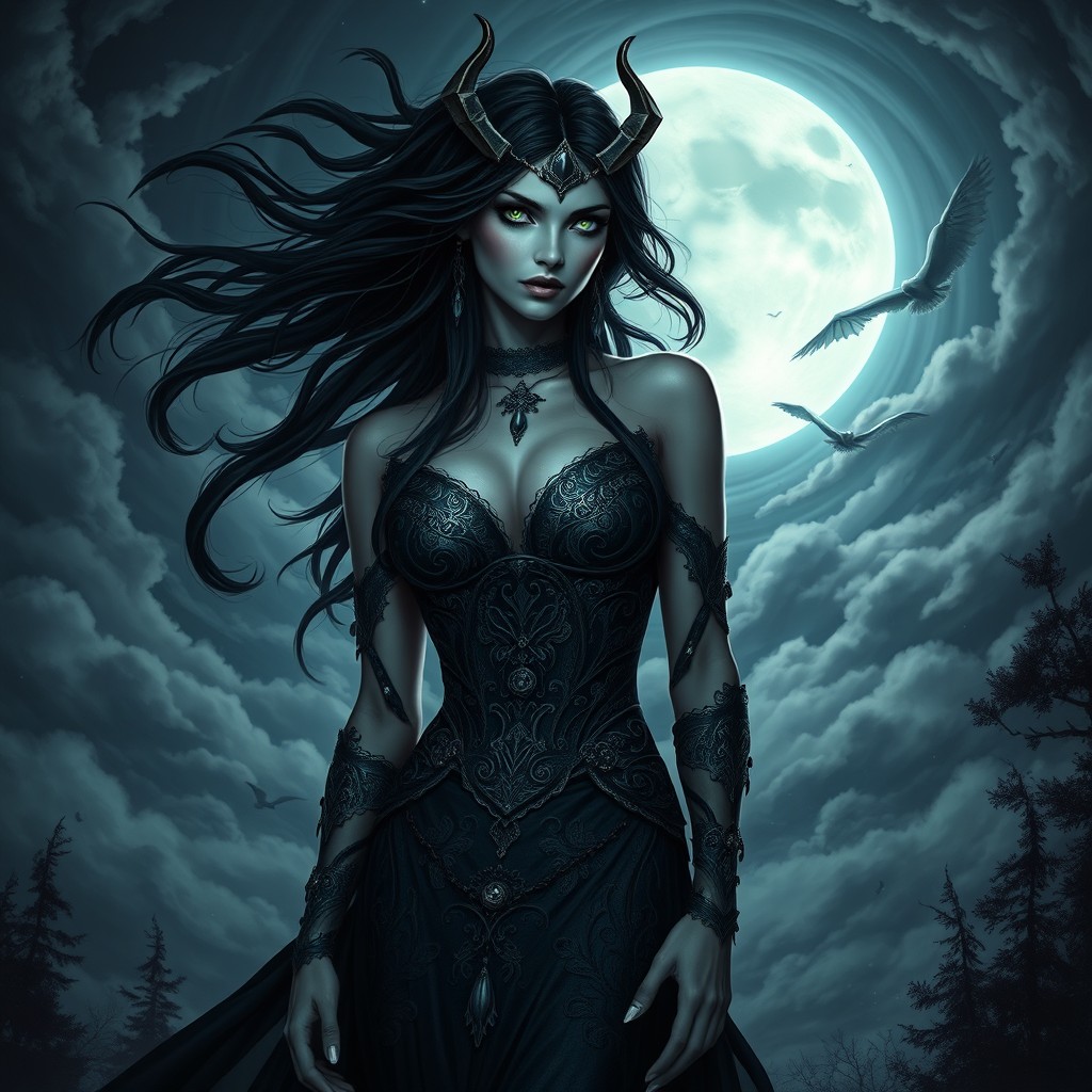 Lilith, the dark goddess, depicted with flowing black hair and piercing green eyes, wearing an intricate dark gown adorned with silver detailing