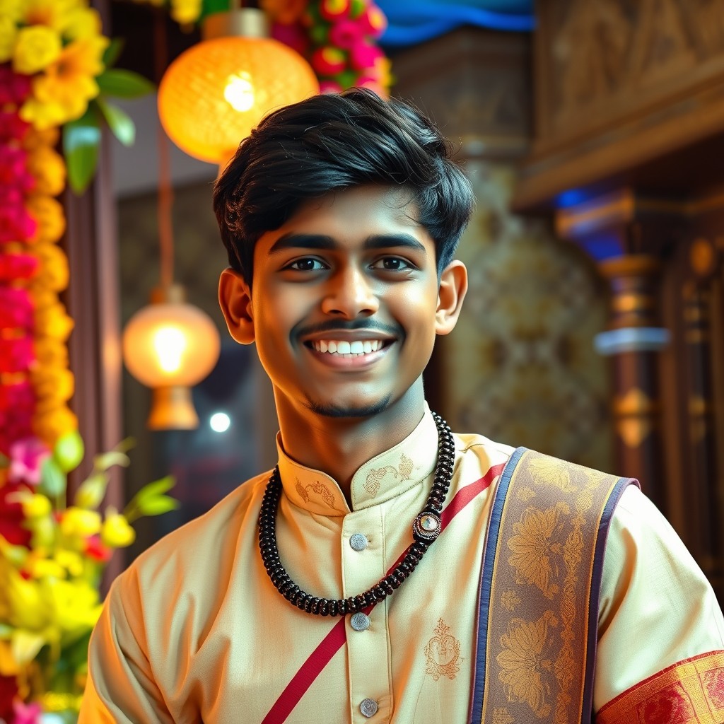 A stylish Indian teen boy wearing traditional Tamil attire, with a bright smile and lively expression, surrounded by vibrant cultural decorations