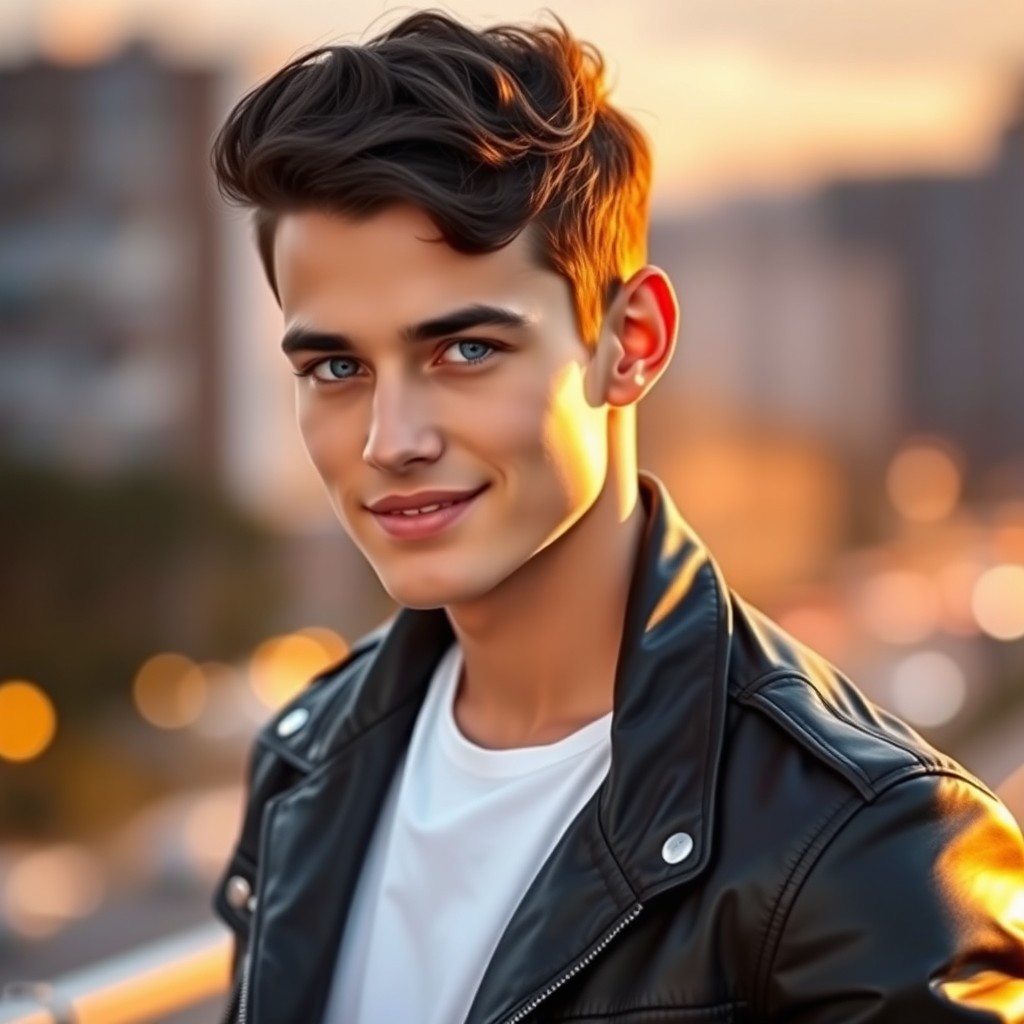 A handsome young man with striking features, deep blue eyes, and a charming smile