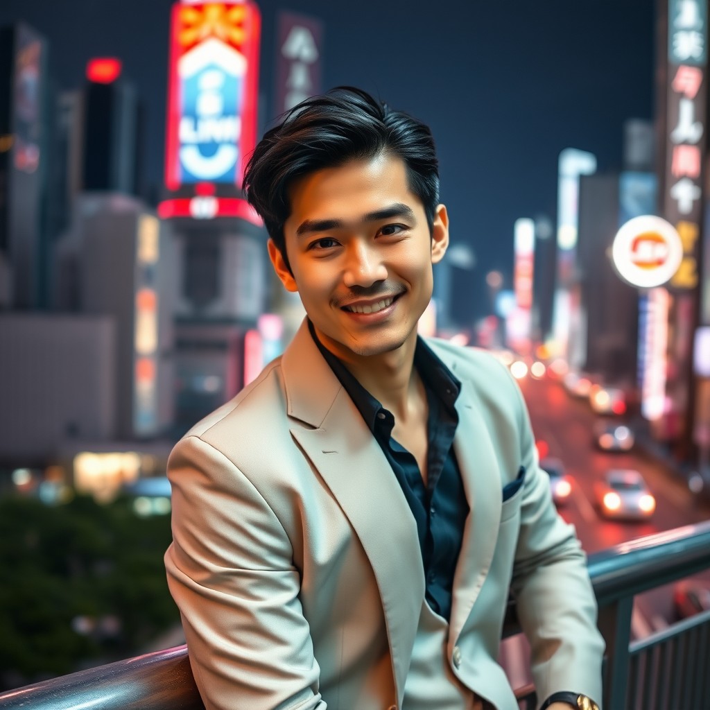 A handsome Japanese man with striking features, dressed in a stylish, modern outfit
