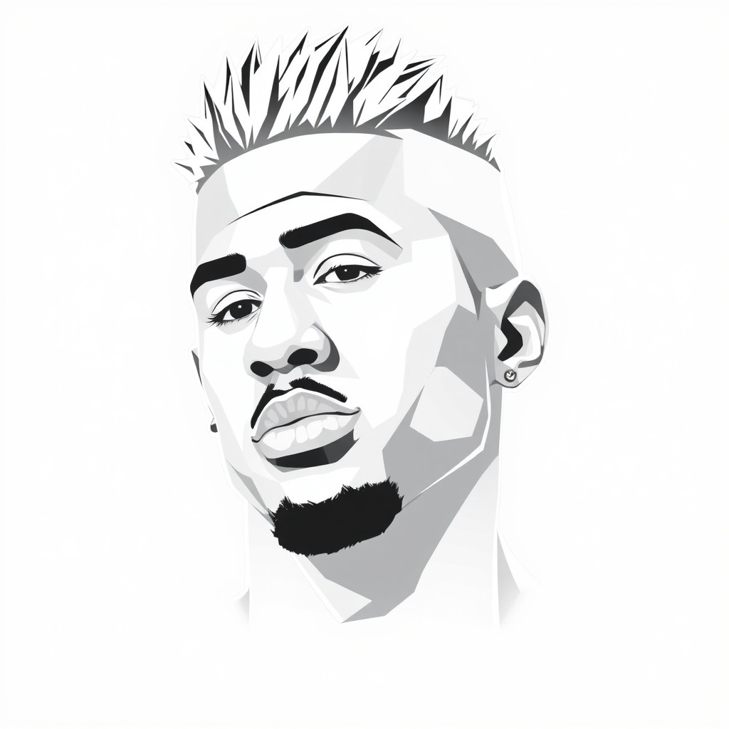 A low poly portrait of a male rapper with distinct facial features and a stylish haircut, created in black and white outlines