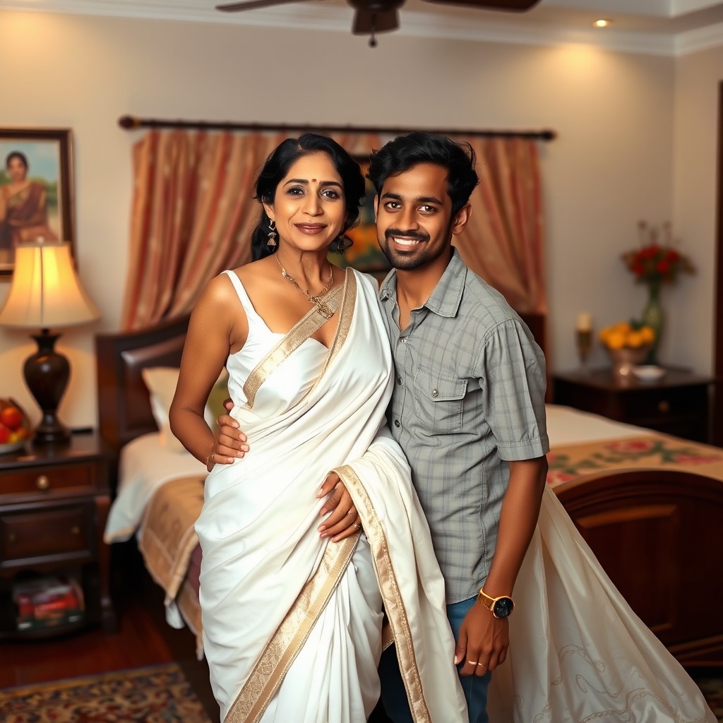 A mature Indian woman wearing a glamorous white deep cut sleeveless blouse and a flowing white silk saree, exuding elegance and charm