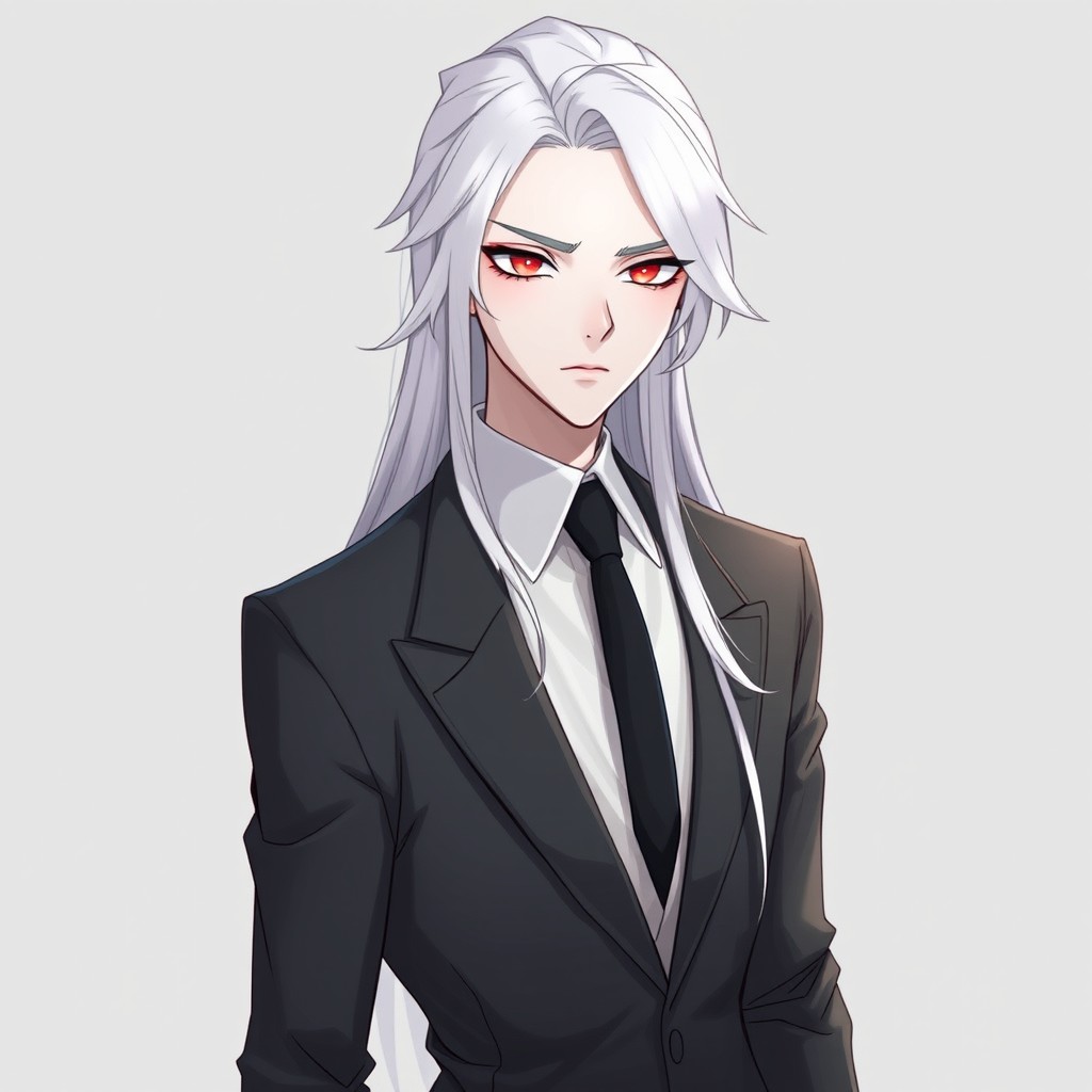 A pale-skinned male character with long, beautifully groomed white hair and striking white eyes featuring vibrant red irises
