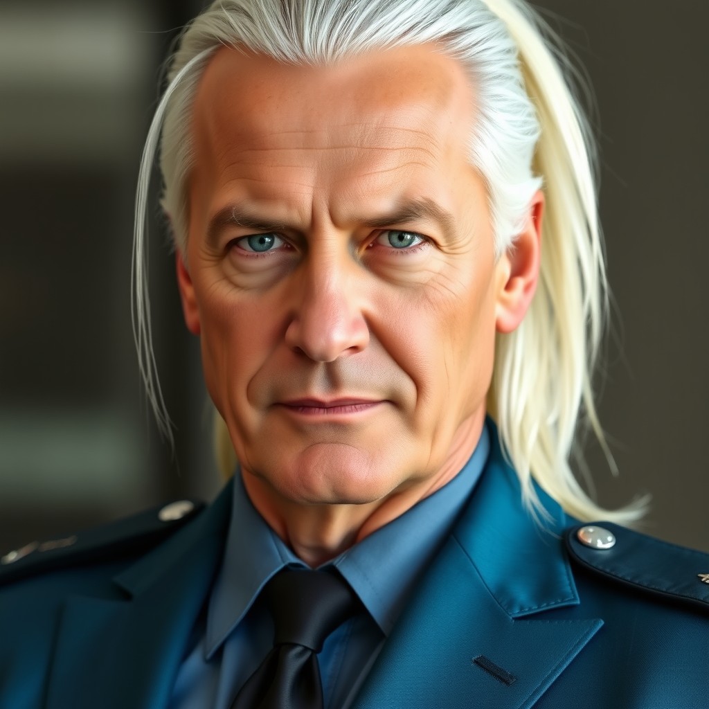 A mature male police officer with a distinguished and experienced face