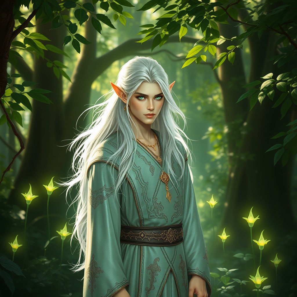 A majestic elf prince standing in an enchanted forest, surrounded by lush greenery and magical glowing plants