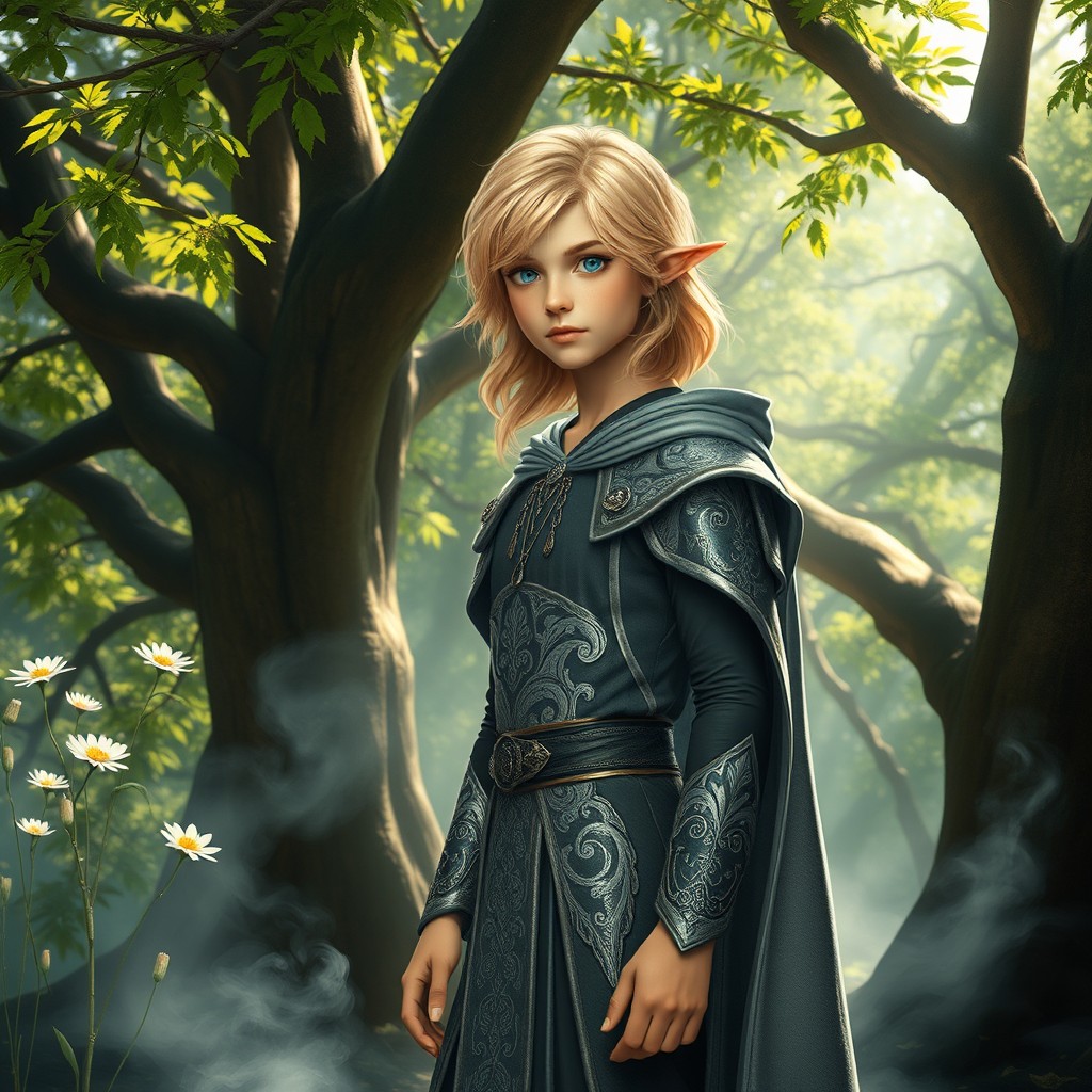 A young blonde elven prince standing gracefully in a mystical forest setting