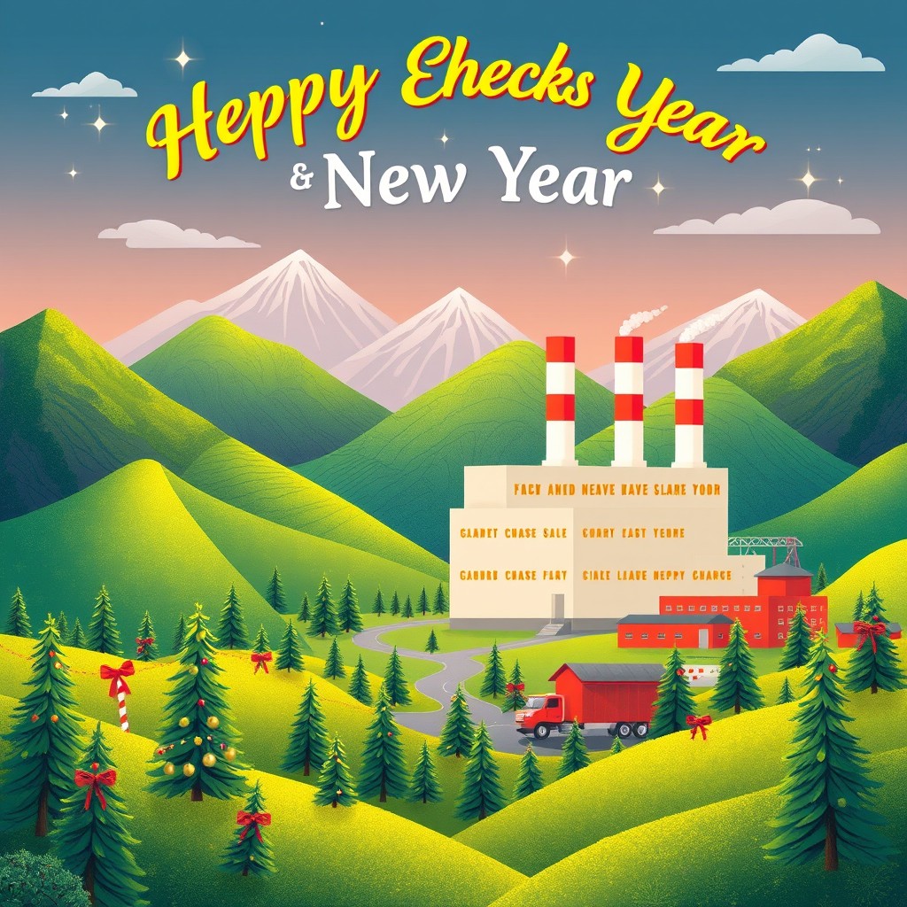 An illustration featuring a Christmas and New Year theme set against the backdrop of a factory located amidst lush green mountains and hills