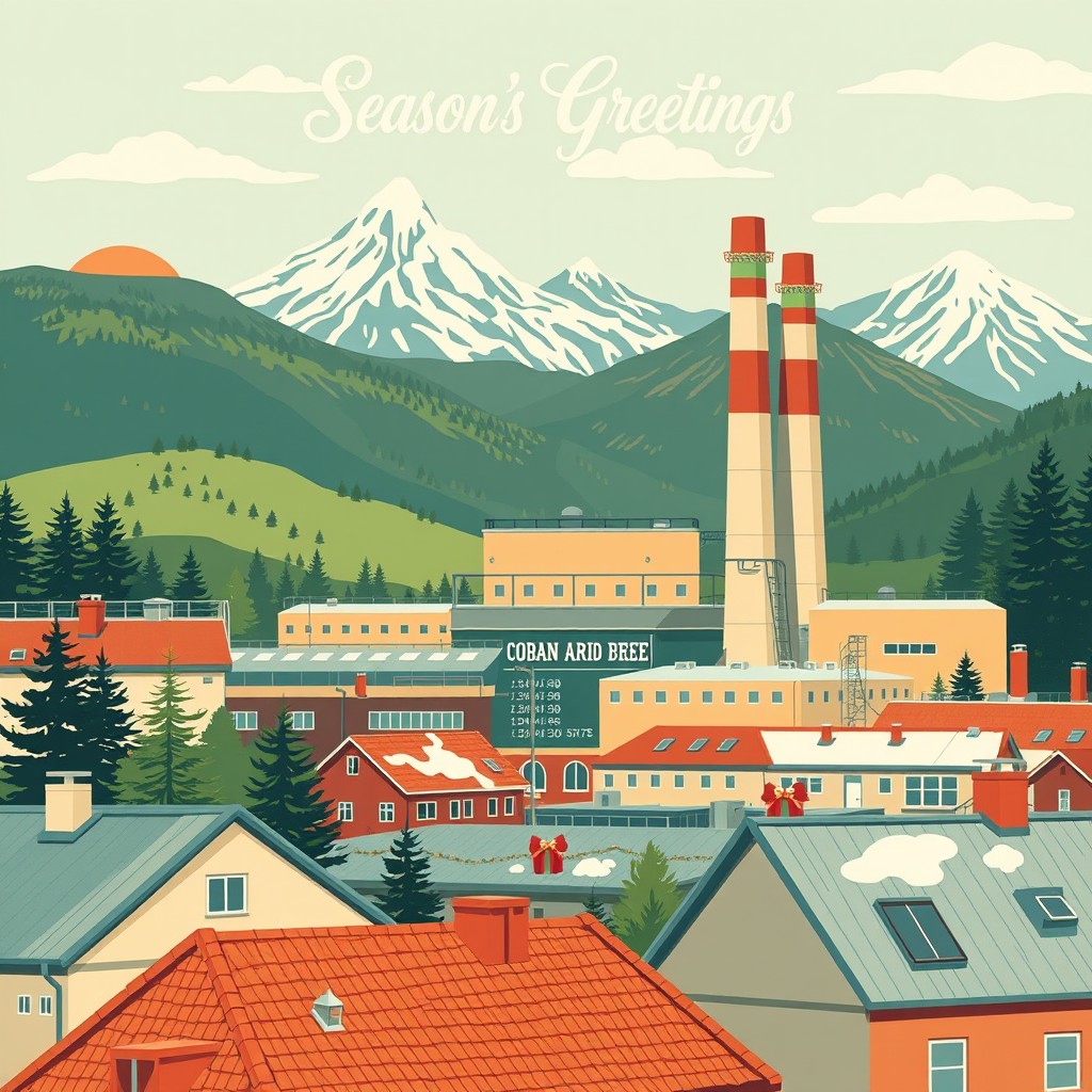 An illustration for a Season's Greetings card design featuring a factory set in a natural environment, showcasing a scenic view of mountains in the background and urban rooftops in the foreground