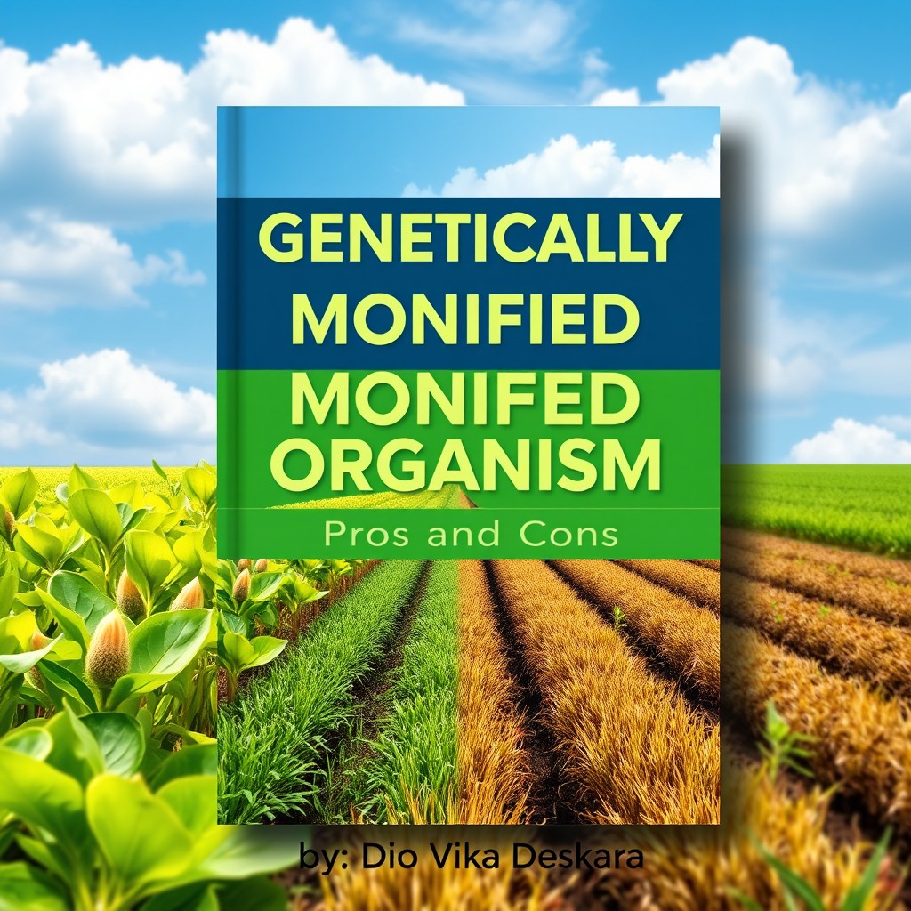 A book cover design for the title 'Genetically Modified Organism: Pros and Cons'