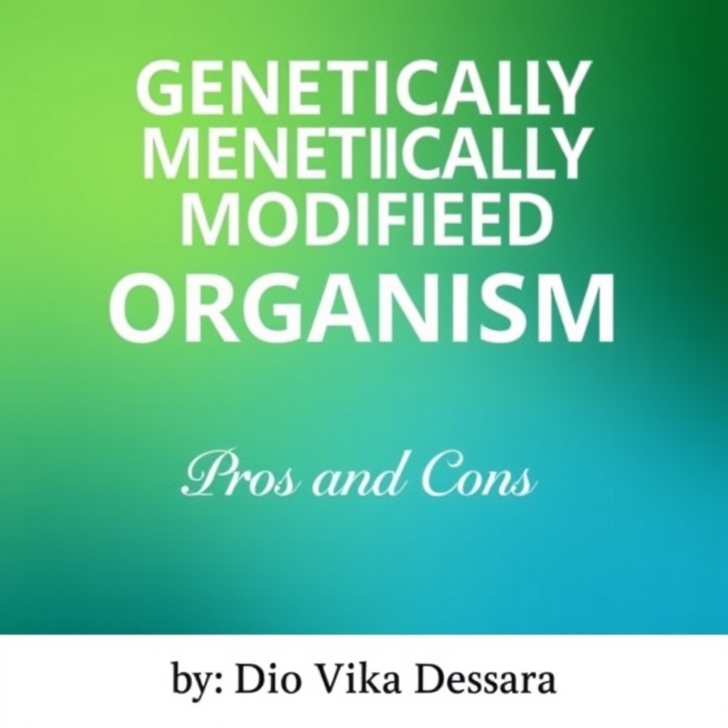 A book cover design for 'Genetically Modified Organism: Pros and Cons'