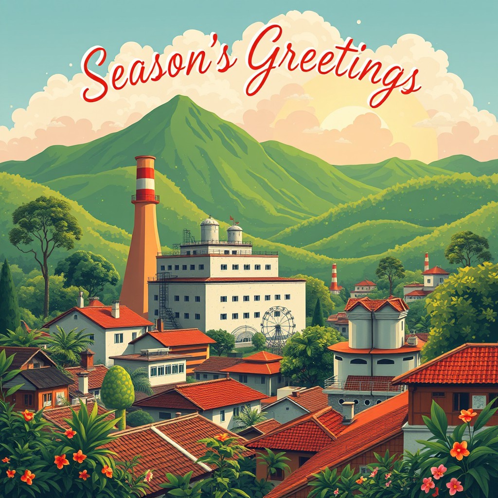 An illustration for a Season's Greetings card design featuring a factory set in a natural environment, with a view of lush green mountains and the rooftops of Yogyakarta, Indonesia, in the background