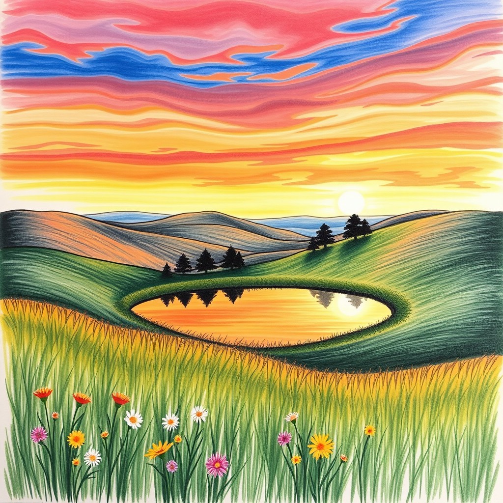 A stunning art drawing showcasing a serene landscape, featuring rolling hills under a vibrant sunset sky