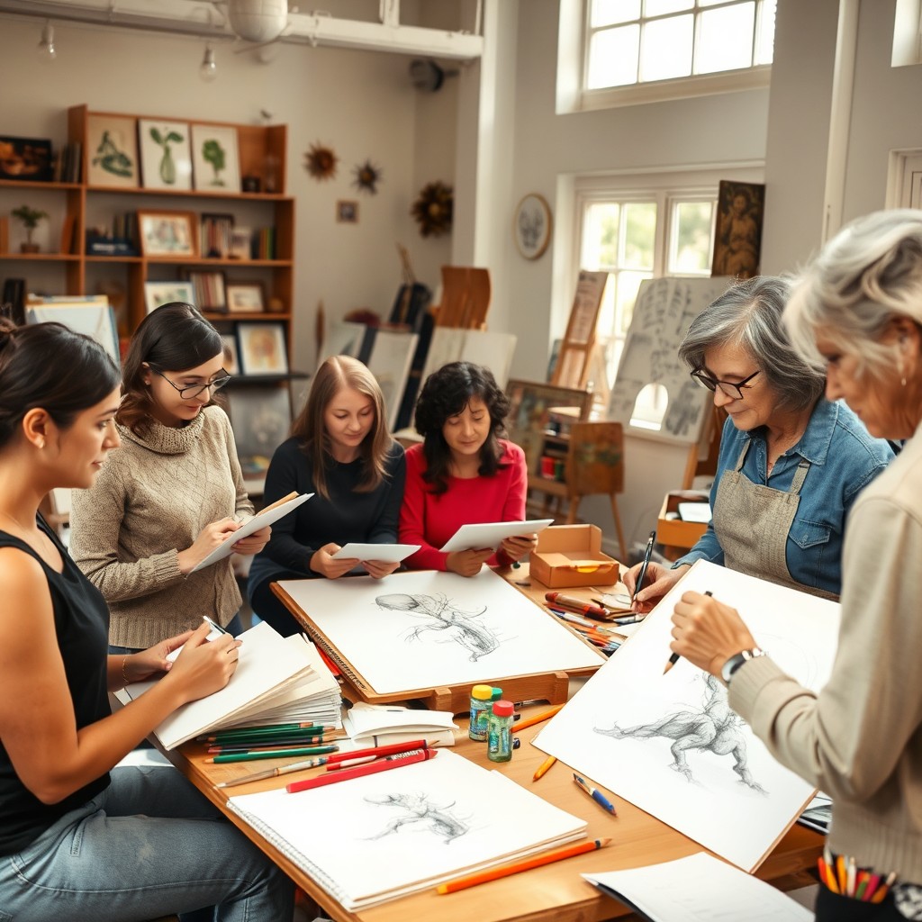 A serene and inviting drawing lesson environment featuring an artist's studio filled with various art supplies, including sketchbooks, pencils, charcoal, and colorful paints