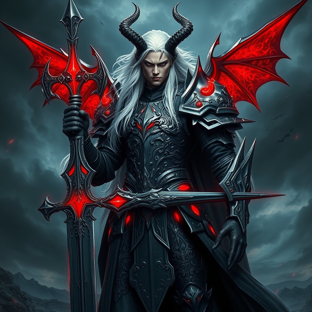 A powerful demon knight character, depicted as a white male with long, flowing white hair, dressed in elaborate dark armor that contrasts sharply with his hair