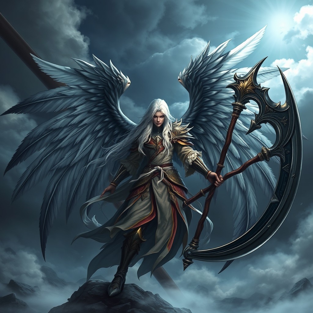 A striking humanoid hybrid character, blending features of a devil and an angel with long, flowing white hair