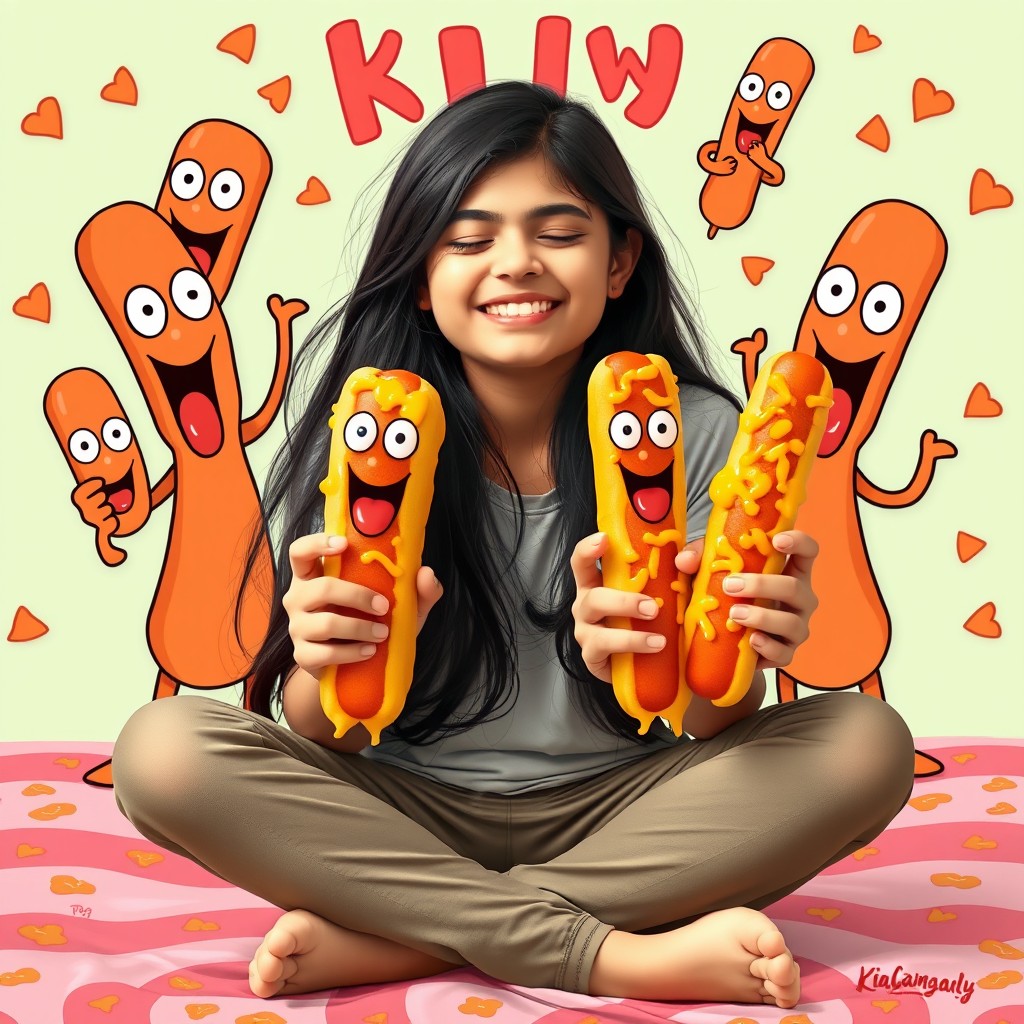 An 18-year-old Pakistani girl sitting criss-cross with a joyful expression, smiling with her eyes closed
