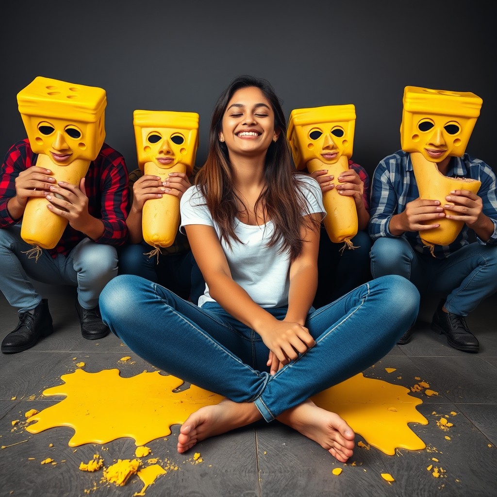 A beautiful young Pakistani woman, 18 years old, wearing tight jeans, sitting criss-cross on the ground, and smiling with her eyes closed