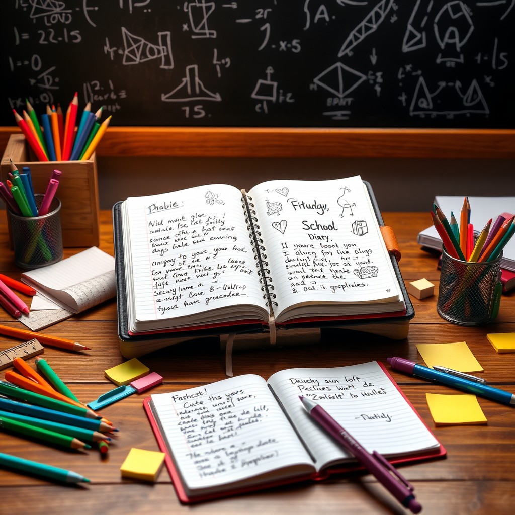 A beautifully designed school diary on a wooden desk, featuring various stationery items like colorful pens, a ruler, and sticky notes scattered around