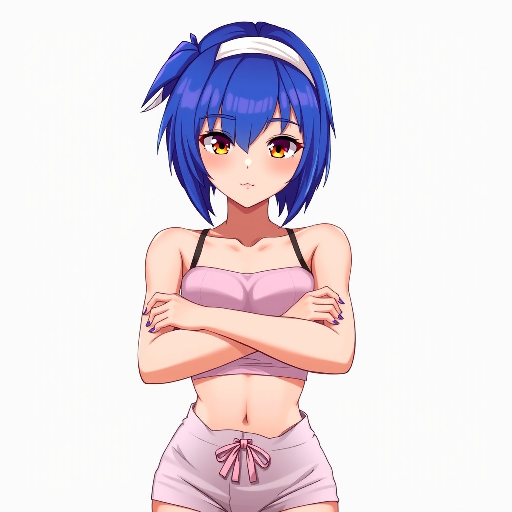 An anime woman with vibrant blue-violet hair styled in a sharp samurai cut, featuring a ponytail at the back and very short/buzzed sides and back