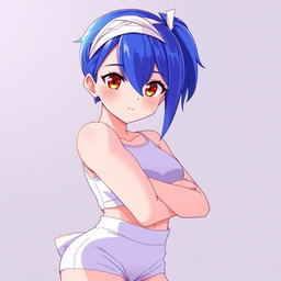 An anime woman with vibrant blue-violet hair styled in a sharp samurai cut, featuring a ponytail at the back and very short/buzzed sides and back