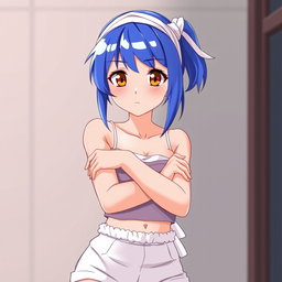 An anime woman with vibrant blue-violet hair styled in a sharp samurai cut, featuring a ponytail at the back and very short/buzzed sides and back