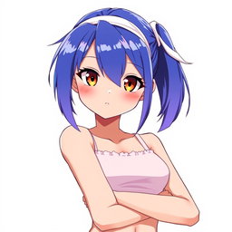 An anime woman with vibrant blue-violet hair styled in a sharp samurai cut, featuring a ponytail at the back and very short/buzzed sides and back