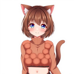 An anime woman with charming brown shoulder-length bob-cut hair, complemented by bright blue eyes that sparkle with personality