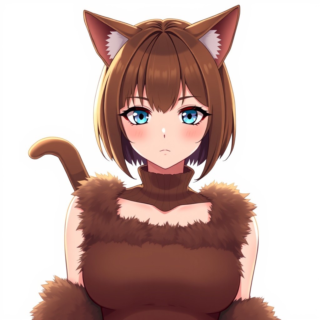 An anime adult woman with elegant brown shoulder-length bob-cut hair, striking blue eyes that hold a serious expression, and adorable brown cat ears atop her head, complemented by a playful cat tail that sways behind her