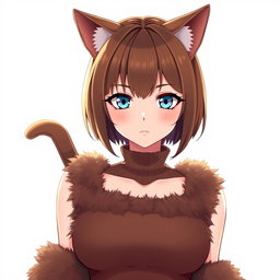 An anime adult woman with elegant brown shoulder-length bob-cut hair, striking blue eyes that hold a serious expression, and adorable brown cat ears atop her head, complemented by a playful cat tail that sways behind her