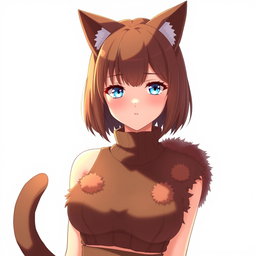 An anime adult woman with elegant brown shoulder-length bob-cut hair, striking blue eyes that hold a serious expression, and adorable brown cat ears atop her head, complemented by a playful cat tail that sways behind her