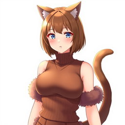 An anime adult woman with elegant brown shoulder-length bob-cut hair, striking blue eyes that hold a serious expression, and adorable brown cat ears atop her head, complemented by a playful cat tail that sways behind her
