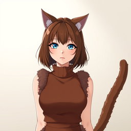 An anime adult woman with elegant brown shoulder-length bob-cut hair, striking blue eyes that hold a serious expression, and adorable brown cat ears atop her head, complemented by a playful cat tail that sways behind her