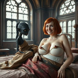 A captivating medieval scene set in a grand palace, featuring a large bed in a richly decorated room with ancient windows